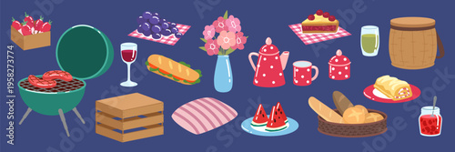 Picnic feast. Outdoor meal. Nature party. Summer travel. Spring gathering. Garden banquet, wine with dessert. Park lunch food and tableware, casual summer drink. Vector travel snack flat isolated set