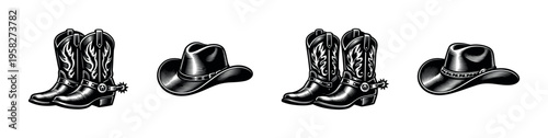 Black and white vector illustrations of cowboy hats and boots silhouette for western theme