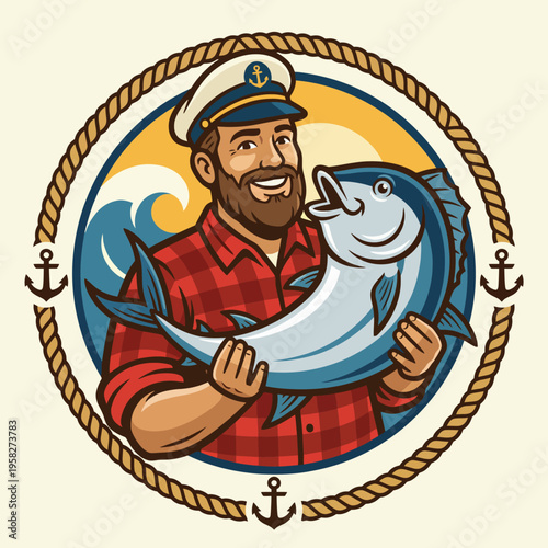 The image portrays a cheerful fisherman proudly displaying a big fish, set against a backdrop of waves and anchors, highlighting the joy and adventure of fishing.