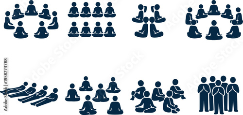 A collection of blue icons depicting people in various group settings and positions