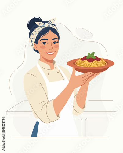 A cheerful chef with a headband presents a plate of spaghetti topped with sauce, showcasing culinary passion and the joy of homemade Italian cuisine in a bright kitchen.