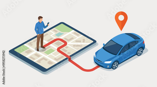 This digital illustration depicts a person navigating a route on their smartphone, visualizing a car's journey, symbolizing convenience and modern technology in travel.