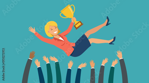 This cheerful illustration shows a woman being lifted by a crowd, celebrating achievements with a trophy, symbolizing teamwork, victory, and collective happiness.