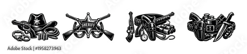 Vintage wild west sheriff and cowboy gear vector elements illustration