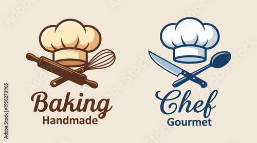 This logo presents a traditional baking and chef theme, featuring iconic kitchen tools like a whisk and rolling pin, symbolizing culinary expertise and handmade quality.