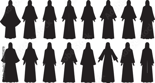 Collection of Muslim women silhouettes wearing abaya and hijab isolated on white