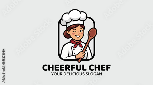 This vibrant logo features a cheerful chef holding a spoon and wearing a classic chef hat, evoking joy and warmth in the culinary experience for restaurants and food brands.