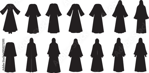 Collection of Muslim women silhouettes wearing abaya and hijab isolated on white