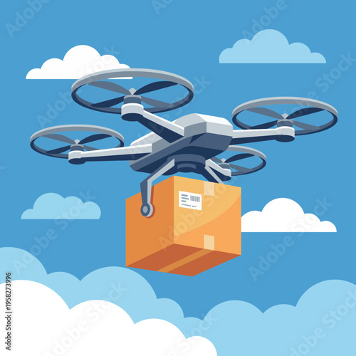 This modern image depicts a drone carrying a package against a bright blue sky, representing the future of delivery services and technological advancements in logistics.
