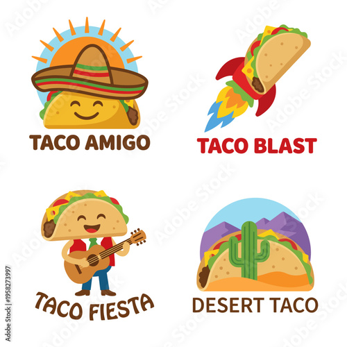 This vibrant collection of taco logos showcases various character designs celebrating food culture, highlighting the playful and lively essence of taco dining experiences.