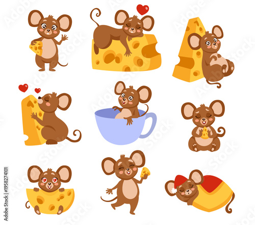 Cute mouse. Mice eating cheese. Happy rat. Playful character animal. Pet smile. Childrens mammals, colorful mascot with tail. Cartoon rodent in mug waving hand. Vector tidy comic isolated illustration