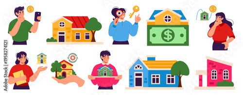 Apartment home set. House real estate. Mortgage agent city. Building architecture for investment. Urban realtor. Loan rent. Vector residential tidy exterior cartoon flat style isolated illustration