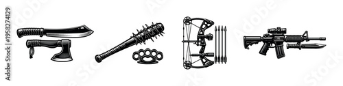 Vector silhouette of weapons collection including axe machete bow and gun illustration