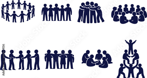 A collection of blue icons depicting various group activities