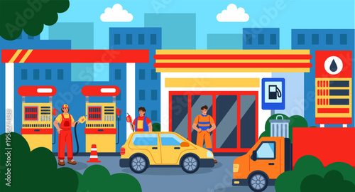 Gas station background. Car, truck, fuel pump. Station building. City infrastructure equipment. Transport business. Refueling cistern. Vector tidy petrol cartoon flat style isolated illustration