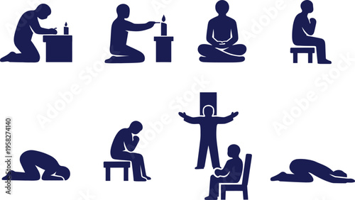A set of blue icons depicting people in prayer