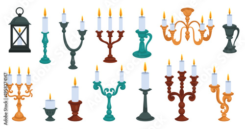 Candlestick vintage. Candle wax, ancient interior. Cartoon candlelight. Candelabra classic lantern with burning flames, medieval retro. Fire flame metal holder. Vector golden light tidy isolated decor