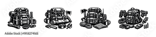 Vector illustration of outdoor adventure backpacks with camping gear in black and white silhouette style