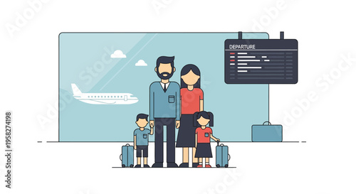Vector illustration of family with luggage at airport