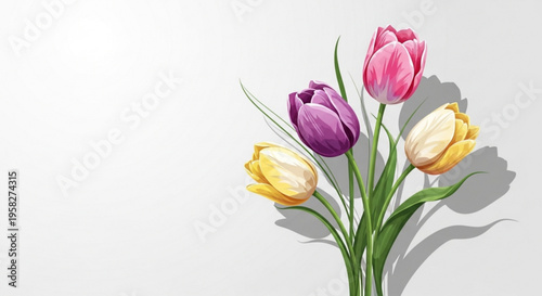Colorful tulips bouquet with purple pink and yellow flowers on white background with shadows