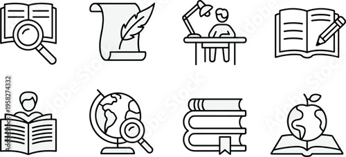Education and learning icon set featuring books, reading, writing, student study, globe research, knowledge and academic concepts
