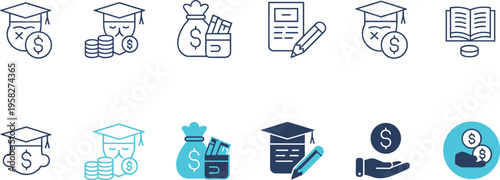 Education finance and scholarship icon set featuring graduation, student loans, tuition fees, savings, funding, academic investment and financial concepts