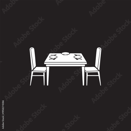 Minimalist dining table setup with two chairs in black and white line art