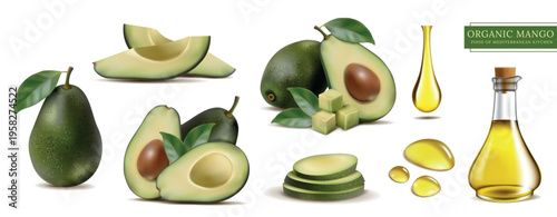 Oil avocado realistic. Ripe piece of fresh food. Transparent glass. 3D healthy natural ingredient. Green bottle. Organic packaging. Slice of vegetable. Mediterranean cuisine. Vector isolated set