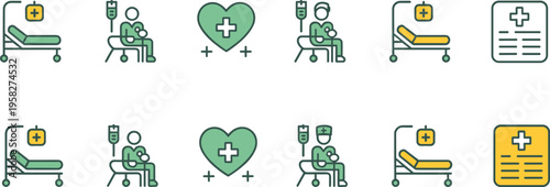 Healthcare and medical icon set featuring hospital bed, patient care, IV therapy, heart health, clinic services and treatment concepts