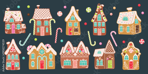 Gingerbread cookie. Bread house. Cute home pattern with festive sugar. Sweet dessert bakery, traditional cake festive confectionery. Homemade decorative glaze vector ornament cartoon flat isolated set