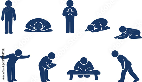 A series of blue silhouette icons depicting various yoga poses and prayer positions