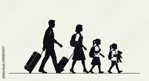 Family traveling, parents with kids walking, silhouettes, travel icons, black