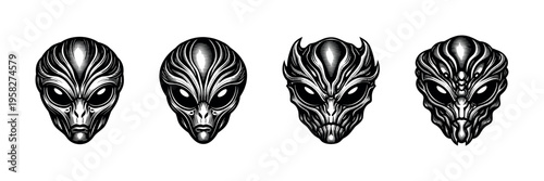 Alien mask vector illustration, black and white, silhouette art, conceptual sci-fi design