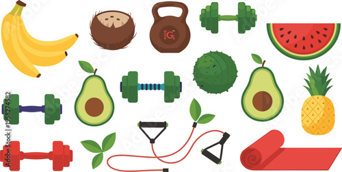 Healthy Lifestyle and Fitness Icon Set Featuring Fruits and Exercise Equipment