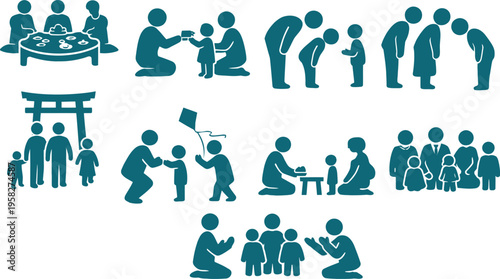 Various silhouettes of adults and children in different activities