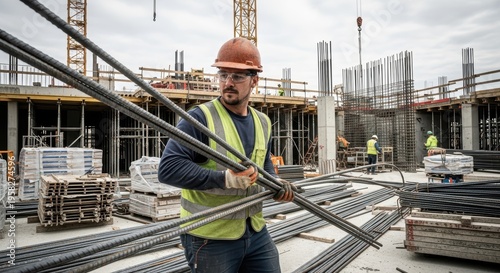 Construction Worker Carries Steel Rebar At Busy Urban Building Site During Daylight