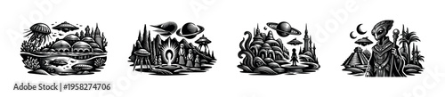 Futuristic alien landscapes with spaceships vector illustration black and white silhouette