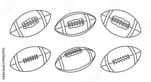 Line art illustration of six american footballs in varying orientations