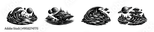 Surreal black and white space landscape vector clipart featuring planets and unique structures
