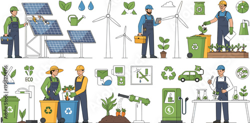 Renewable Energy and Eco-friendly Practices Illustration Set Featuring Solar Panels, Wind Turbines, Recycling, and Green Technology