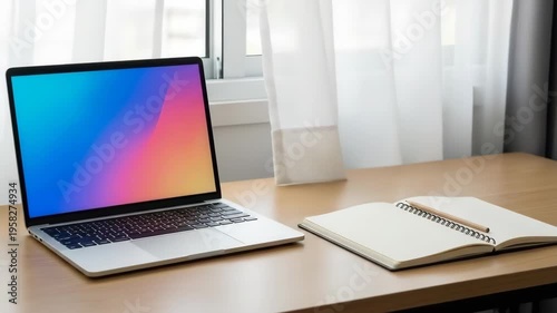 A modern laptop and notebook on a wooden desk in a bright office space with