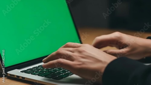 A person typing on a laptop with a green screen in a dark room for content