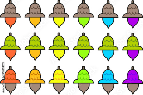 A playful assortment of simple cartoon oak nut icons in a vibrant range of rainbow colors. These whimsical vectors are great for game assets, pride-themed autumn graphics, and adding pops of color to 