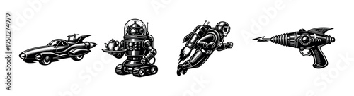 Retro futuristic vector art with space car robot astronaut and ray gun silhouette elements
