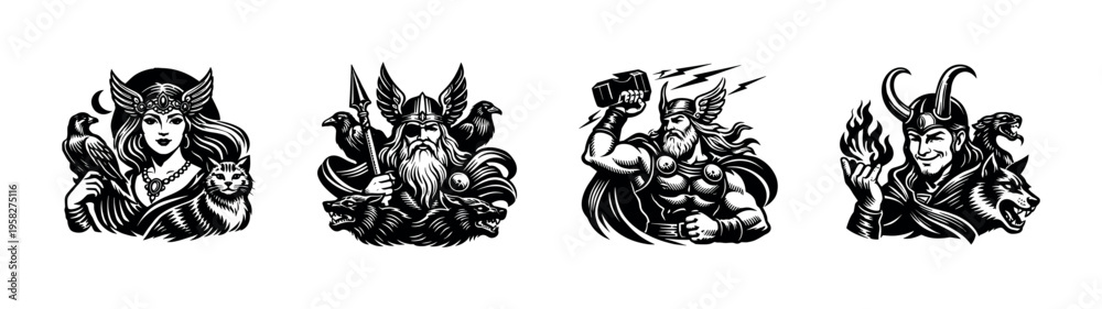 Obraz premium Nordic mythology characters vector illustration, black and white silhouette style