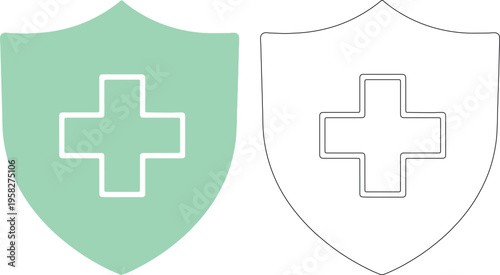 Green shield with white cross and black outlined shield with white cross