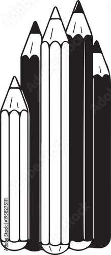 Set of black and white outline pencils isolated on white background