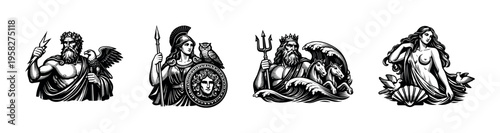 Greek mythology characters vector illustration featuring zeus athena poseidon aphrodite in black and white silhouette