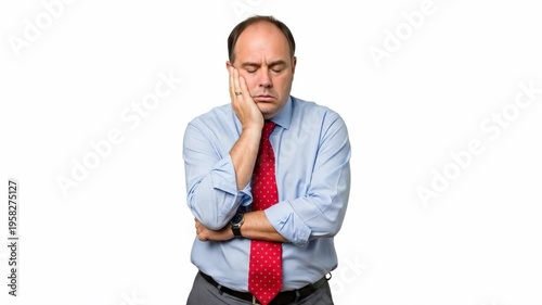 A bored businessman in a blue shirt and red tie looks uninterested
