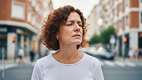 A woman stands confidently on a city street with a blurred background of cars and buildings in a daytime urban setting